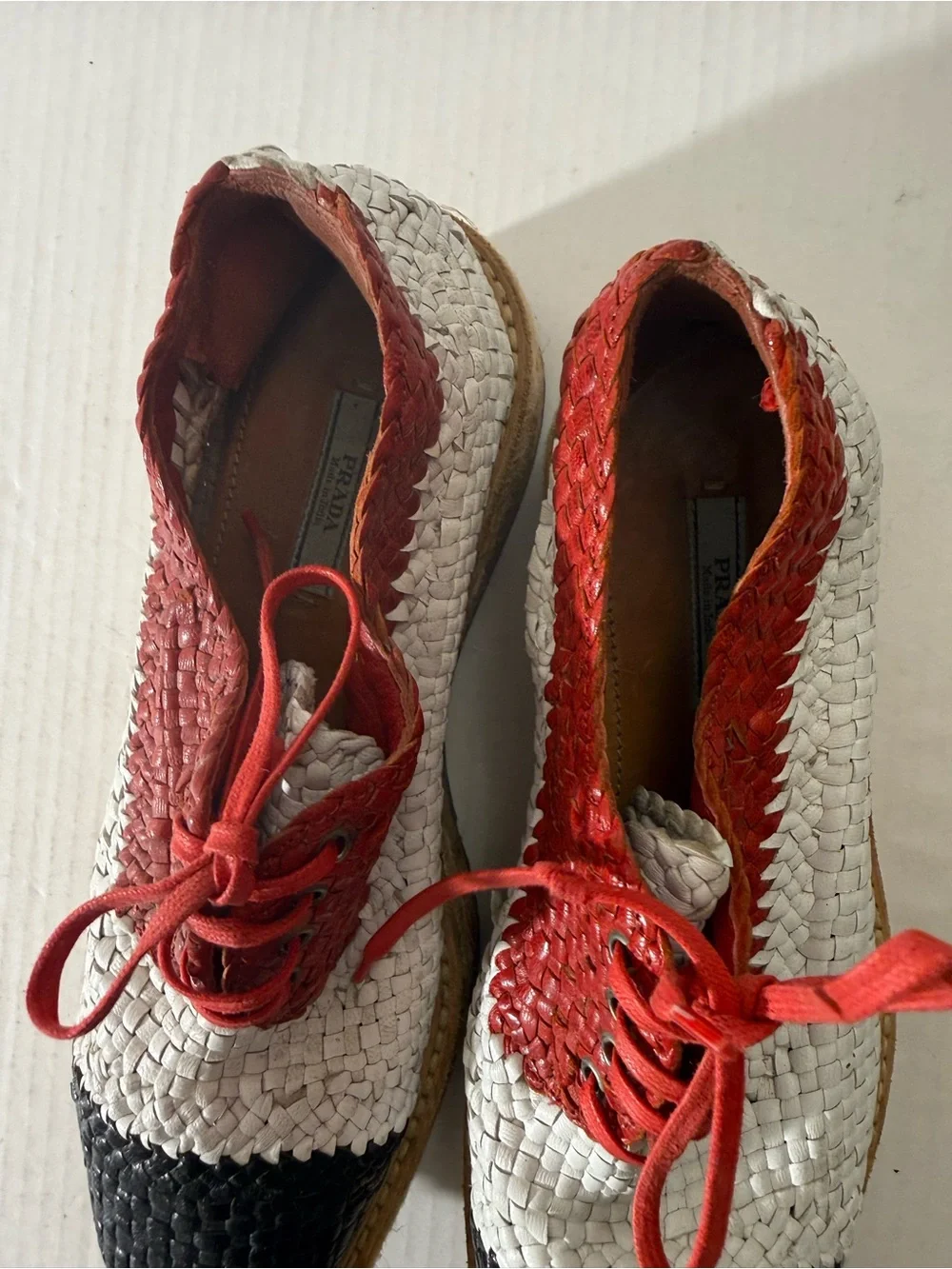 Prada Madras Tricolor Woven Leather Platform Espadrille Size: 37.5 - Picture 8 of 8